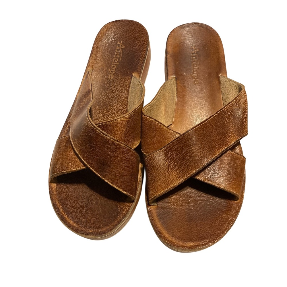 Antelope Brown Leather Crisscross Slide Sandals Platform Wedge Womens 7.5 (38)